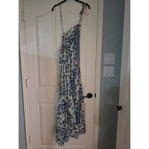Zury Silk Blend One Shoulder Maxi Dress Blue Leaf Print Tassel Tiered Free Size